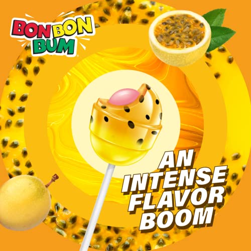 Colombina Bon Bon Bum Lollipops W/Bubble Gum Center - Passion Fruit Flavor, 1 Pack Of Individually Wrapped Gluten Free Pops, Ideal For Party Favors, 14.4 Oz Bag, (24 Count) #TOP3