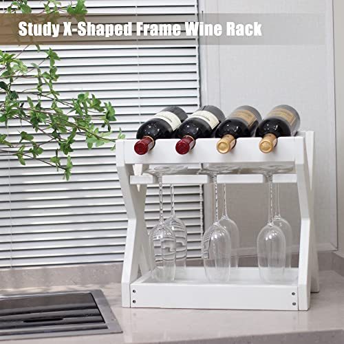 Korvos Countertop Wine Racks With Glass Holder，4 Bottles Small Wine Rack,High-Density Pe Tabletop Wine Bottle Holder For Kitchen, Living Room, Wine Cellar,Bar(White Color) #TOP6