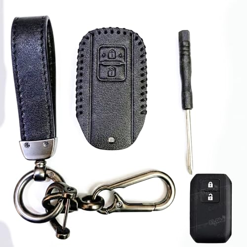 Image of Soft Handmade Leather Key Cover Compatible with Maruti Suzuki jimny Baleno Grand Vitara XL6 Swift New Brezza 2022 Ertiga Dzire 2 Button Smart Key Protection with Keychain (Black)