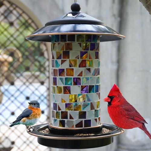 elfonsol Solar Bird Feeder for Outdoor Hanging - Small Bird Seedes Feeder with Mosaic Stained Glass for Cardinals and Finches - Garden Decor Gift for Parents and Lover (1.5lbs Capacity Sunset)