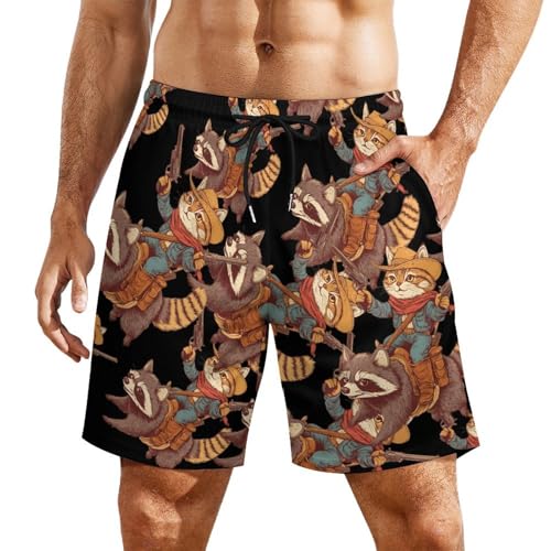 Pantalones cortos de playa con estampado de gato y mapache de secado rápido