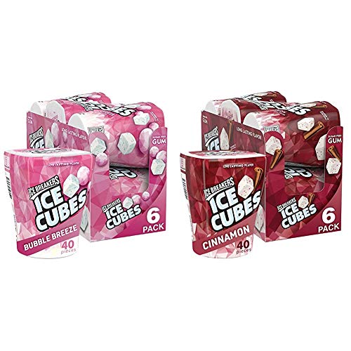 Ice Breakers Ice Cubes Sugar Free Gum with Xylitol, Bubble Breeze, 40 Count, Pack of 6 & Ice Cubes Sugar Free Gum with Xylitol, Cinnamon, 40 Count, Pack of 6