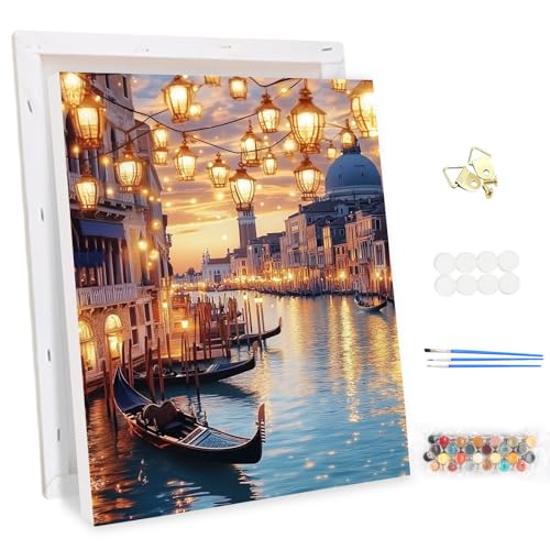 MEIYUDA Pintar por Numeros Adultos con Marco Escena nocturna en Venecia, DIY Pintura por Numeros Kit Manualidades, Cuadros por Numeros, Decoración para el Hogar Regalo de pared 30x40cm