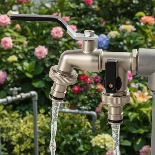 Image of HASTHIP Water Tap, Garden Faucet Splitter, 1 in 2 Out Zinc Alloy Hose Y-Connector, Dual Water Tap Adapter with Individual Shut-Off Valves for Garden, Lawn & Outdoor Irrigation