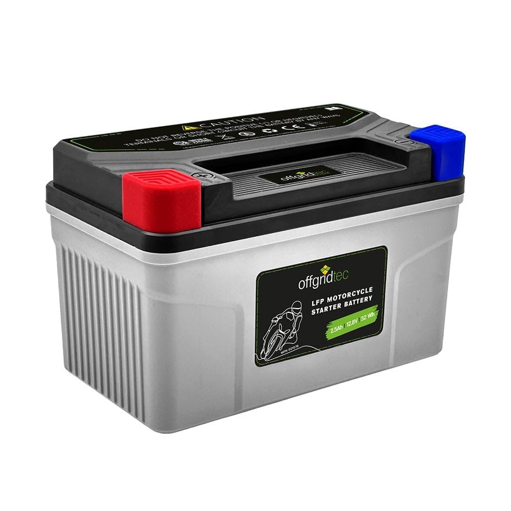 Offgridtec Batteria di avviamento moto LiFePO4 12,8 V 2,5 Ah 32 Wh, Celle cilindriche, 6000+ cicli di ricarica, IP66 resistente ad acqua e polvere, compatibile con ricarica rapida