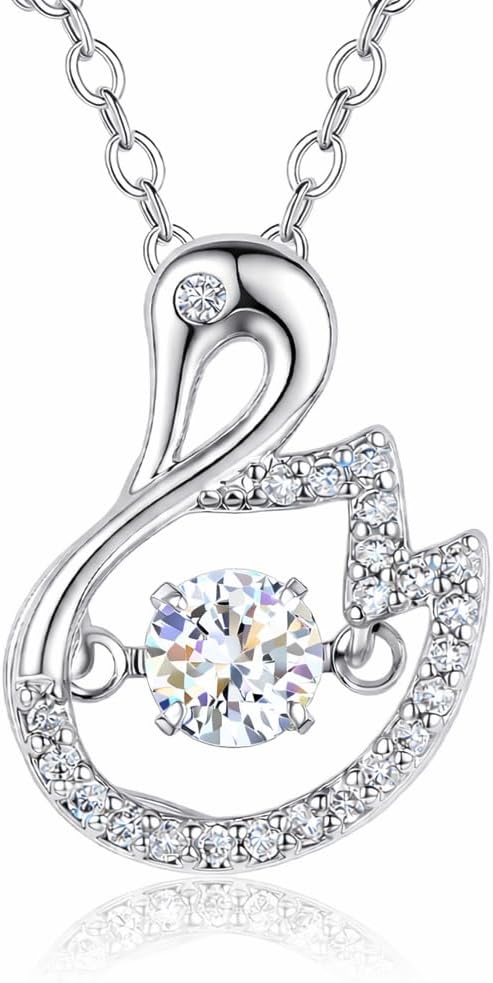 S925 Sterling Silver Swan Necklace for Women, Rhodium Plated Pendant with 5A Cubic Zirconia Sparkling Dancing Center Stone, 18”+2” Adjustable Chain, Romantic Gift for Her & Daily Elegance
