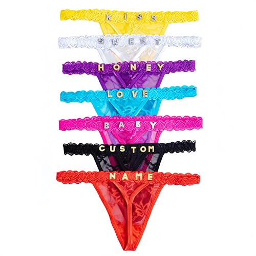 Paquete de 2 tangas de encaje personalizadas para mujer, sexy, letras doradas y plateadas, personalización de nombre o frase, cosidas a mano, cómodas y elegantes, para mujeres, personalizadas, talla