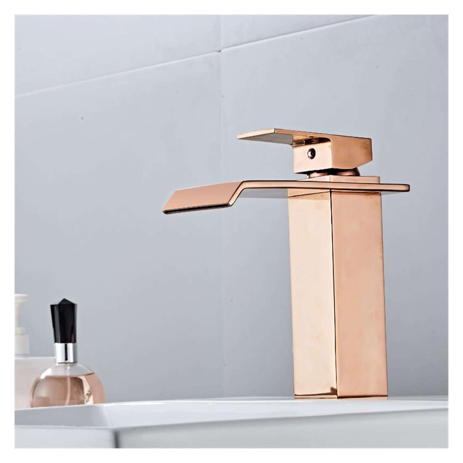 Grifo de baño de latón Dorado Rosa, Grifo Monomando para Fregadero montado en Cubierta, Mezclador de Cascada Caliente y fría, Elegante Negro Corto para Cocina y baño