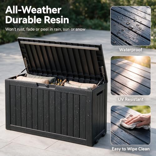 Image of 92 Gal Deck Box,Waterproof Resin Outdoor Storage Gas Lift,Lockable Black