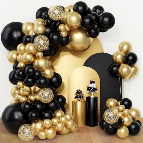 Czarno-złoty łuk balonowy - QIFU lateksowe balony z helem złote i czarne metaliczne złote konfetti na zakończenie szkoły mężczyźni narodziny dziecka Baby Shower dekoracje urodzinowe 108 sztuk