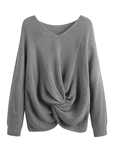 Image of Floerns Women's Plus Size Casual Twist Hem V Neck Long Sleeve Sweater Tops