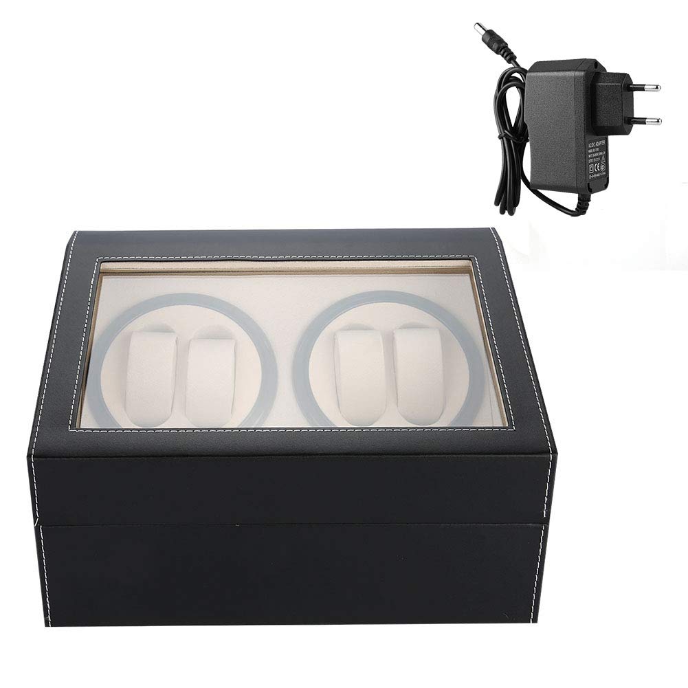 Wakects Uhrenbeweger für 4 Automatikuhren mit 6 Gitter Uhrenspeichergehäuse, Leiser Motor, Mehrfachumdrehung, 24 x 18 cm, Schwarz
