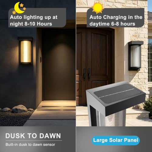 Image of Lightdot 2-Pack Arc Solar Wall Lights, Dusk to Dawn with Remote Control | 3000K Warm White 300LM Waterproof Solar Exterior Lamp for Yard, Walkway, Garage, Fence