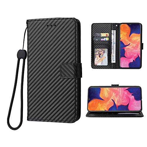 Wwaayssxa Compatible With Samsung Galaxy A10 M10 Carbon Fiber Wallet Case Wrist Strap Lanyard Leather Flip Card Holder Stand Cell Phone Cover For Glaxay A 10 Gaxaly 10A A105M 6.2 Inch Women Men Black #TOP25