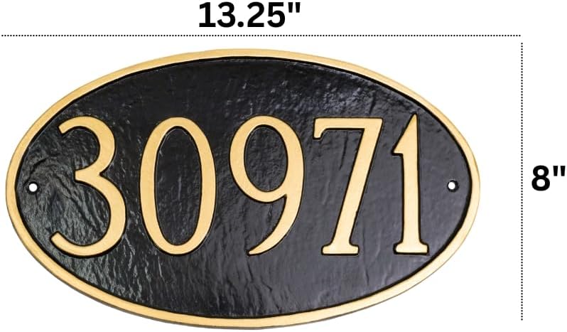 Montague Metal Products Cast Metal Address Plaque, USA Made Custom House Number Sign, Classic Oval, 13.25 x 8 inches, Black with Gold
