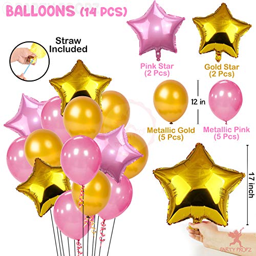 Image of Party Propz Happy Birthday Decoration Items Combo Kit- 17Pcs | Happy Birthday Banner Made of Metalic Golden Cardstock | Star Balloons for Decoration | Pink Foil Curtain for Decoration | Latex Balloons