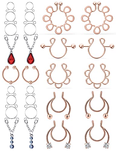 Oufksiyy Fake Nipple Piercing Fake Nipple Rings for Women Stainless Steel Fake Nipple Noose Piercing Nipple Clamps Nipple Shields Adjustable Faux Nipple Rings Clip Non-Piercing Red Blue CZ,Rose Gold