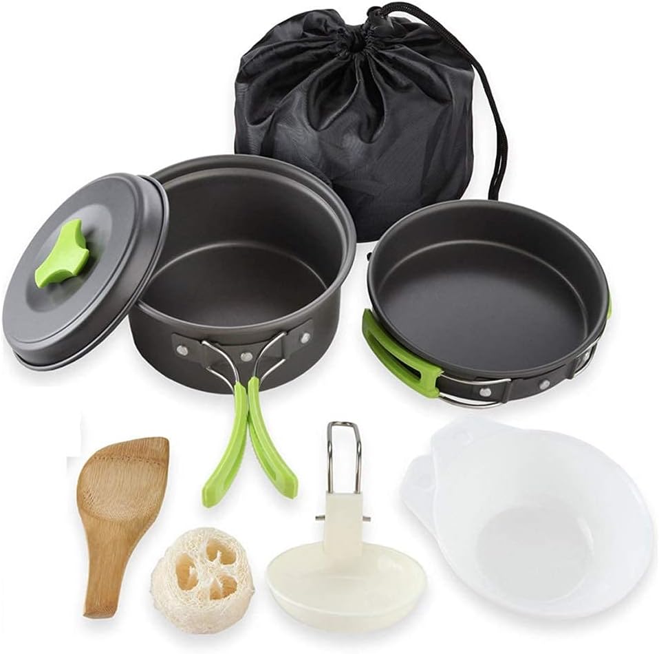 Camping Cookware Set 2 Person Camping Gear Campfire Utensils Non-Stick Cooking Lightweight Stackable Pot Pan Bowls Storage Bag (A) (A)