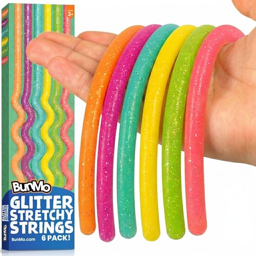 Image of BUNMO Sensory Toys Stretchy Strings for Toddlers 3+ - Stimulating & Addictive Fidget Toys for Kids - Hours of Fun for Kids - Non-Mouthable Toy 3+ - Glitter 6 Pack