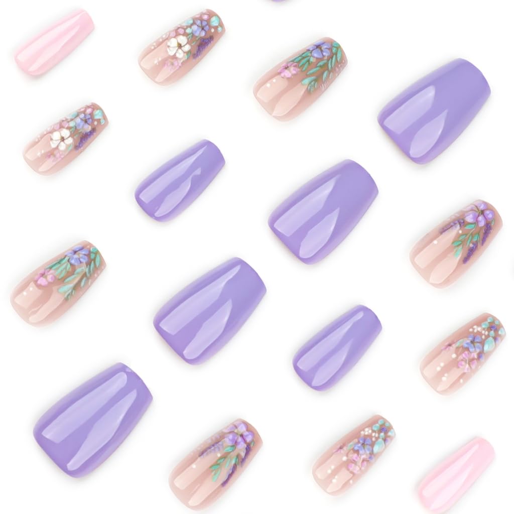 24 Pcs 3D Flowers False Nails Artificial Nails Glossy Full Covers Stick on Nails Short Ballerinas