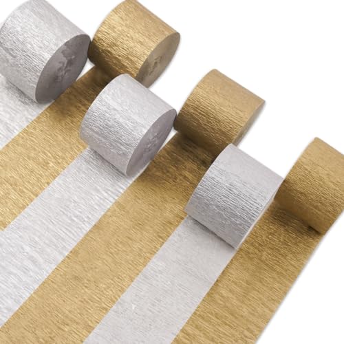 Image of PartyWoo Gold and Silver Crepe Paper Streamers 6 Rolls 492 ft Pack of Crepe Paper Rolls for Graduation Christmas New Year Wedding Baby Shower Birthday Party Decorations (1.8 Inch x 82 Ft /Rolls)