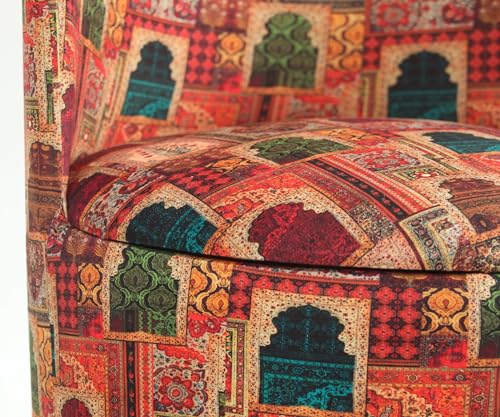 Image of NACIA Elegant Velvet Printed Ottoman Chair | Dressing Table Chair for Bedroom Makeup Room Decor | Modern Upholstered Ottoman with Wooden Legs for Living Room & Home (18x18x32 Inches, Beige Drabar)