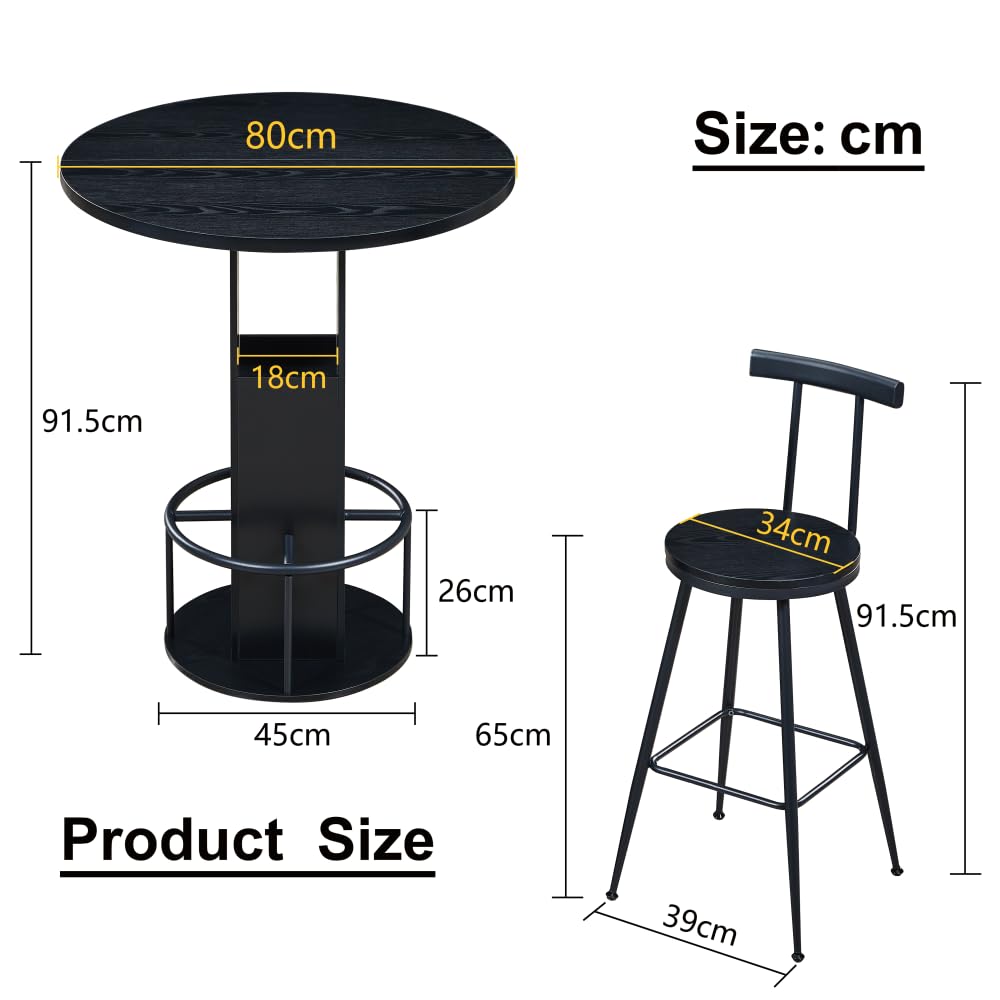 Juego de mesa de bar de 3 piezas con mesa redonda y 2 taburetes de madera robusta con reposapiés de metal, perfecto para comedores, cafeterías, bares, salones, estables y versátiles, 193