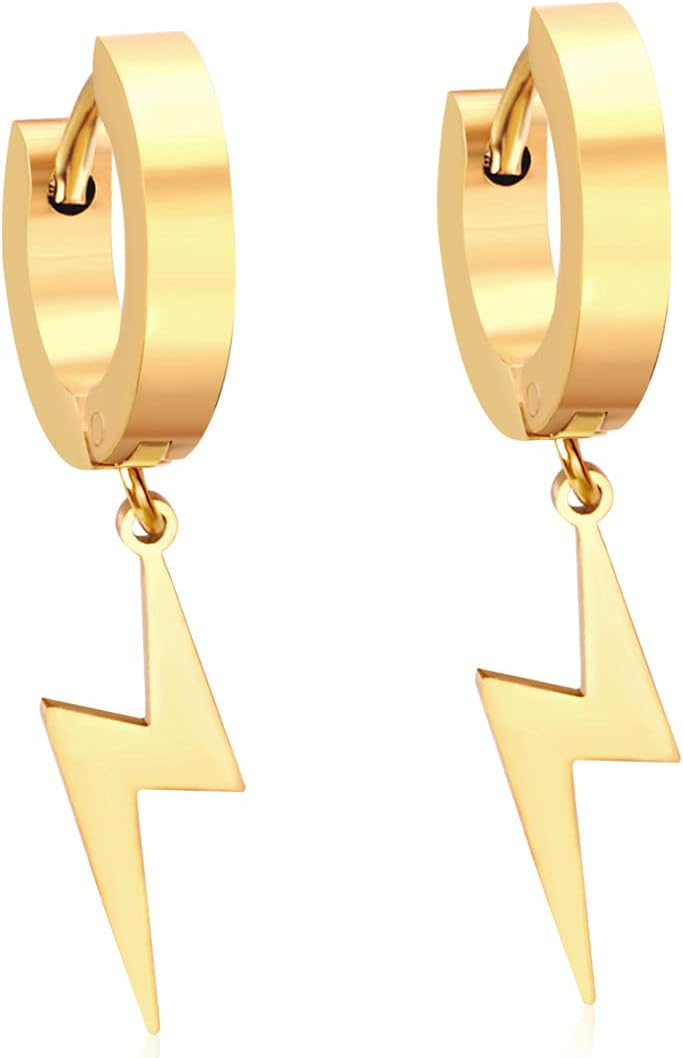 YUNXI Unisex Punk Hip Hop Stainless Steel Silver Black Gold Tone Thunder Lightning Bolt Dangle Huggie Hoop Earrings for Women Men