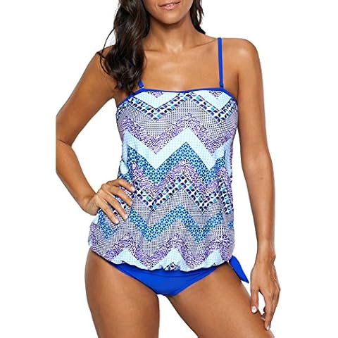 CrazycatZ Womens Loose Fit Blouson Tankini Swimsuit with Bikini Brief (Blue, XXXL UK 16) Cover