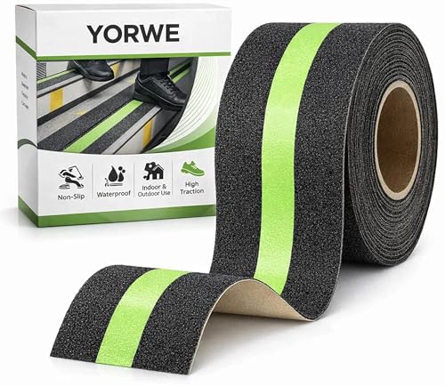 Image of YORWE Anti Slip Stair Tape with Glow in the Dark Strip - Heavy Duty Waterproof Non Slip Traction Tape for Stairs, Steps, Outdoor & Indoor Safety (Green, 5 Meter)