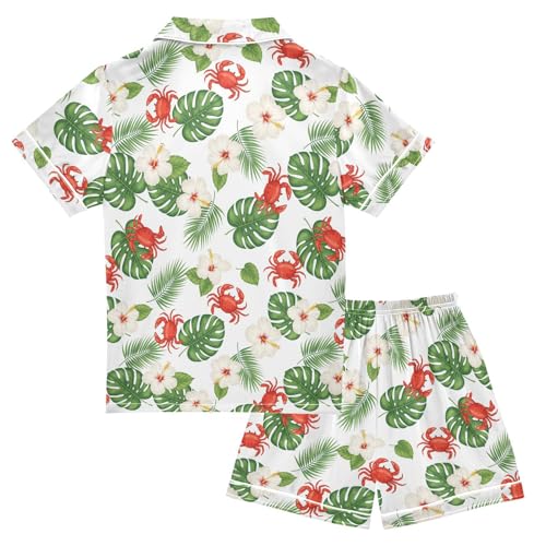 Satin Pajama Sets Short Sleeve Tropical Crab Flowers Pattern Button Down Silky Nightwear 2 Piece PJS 5-14Y2