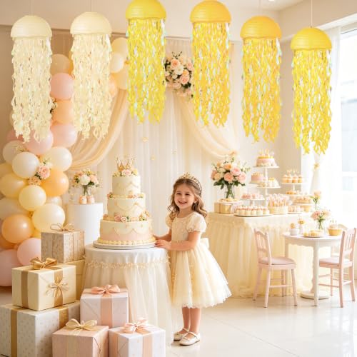 Image of Jellyfish Paper Lanterns 6 Pcs Hanging Ocean Sea Party Decor | Jelly Fish Paper Lanterns for Mermaid Under The Sea, Ocean, Baby Shower and Spongebob Birthday Party Decorations
