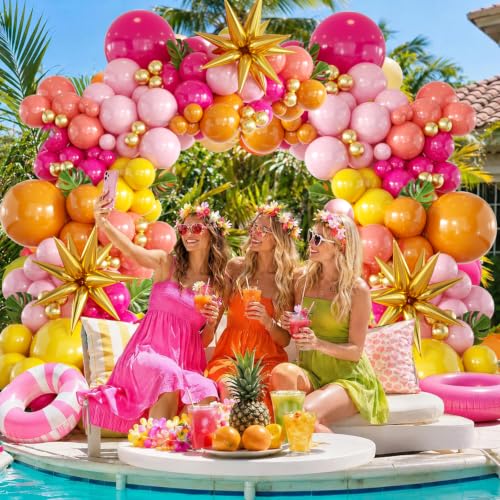 Image of 152Pcs Tropical Balloon Arch Garland Kit, Sunset Hot Pink Orange Coral Red Yellow Metallic Gold with Foil Star Balloons for Hawaiian Luau Birthday Graduation Party Decorations
