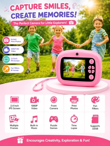 Image of Kids Instant Print Camera - Portable Digital HD Photo & Video Camera for Kids, Built-in Games, Educational Learning Toy for Boys & Girls, Includes 2 Print Rolls, for Birthdays