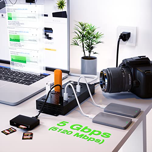 Usb 2.0 Hub Type-C Multi Safety 10 Ports Powered, With Ac Adapter, Aluminum Usb Splitter With Cooling Fan - Type C For Laptops & Pc, Pc,Flash Drives, Hdd, Hard Drive, Mouse, Xps, Xbox, Keyboard #TOP3