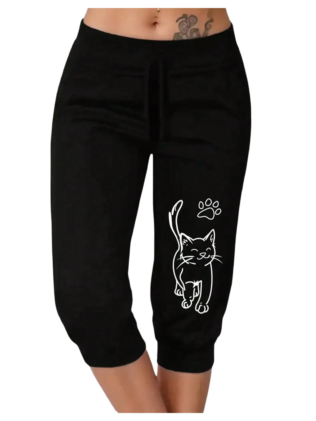 WDIRARA Womens Cat Graphic Capris Pants Elastic Low Waist Cute Lounge Pants
