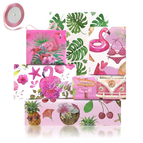 Papier cadeau flamant rose hawaïen et feuilles de monstera tropical