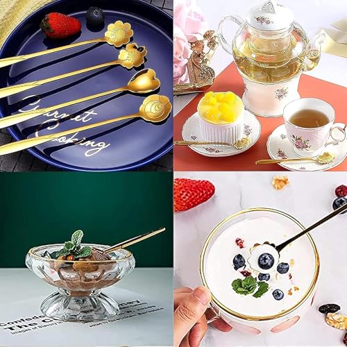 Image of Gold Tone Dessert Spoon Set with Decorative Flower and Heart Shaped Spoon Heads (Pack of 12)