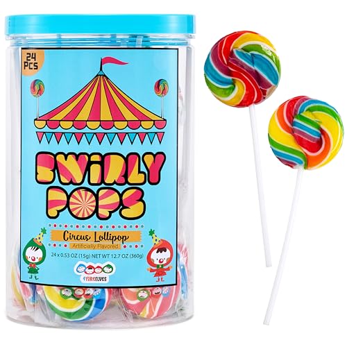 24 Circus Rainbow Lollipops Individually Wrapped, Bursting with Fruity Flavor, Great Swirl Lollipops for Kids Birthday Parties, Party Favor Candy and Cake Toppers, By 4YoreElves (Pack of 24)