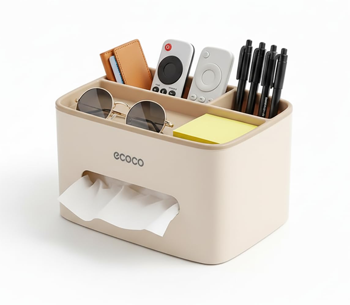 Multifunction Rectangular Tissue Holder Cover Case Facial Tissue Paper Box Napkins Dispenser Container Stylish Remote Control Pen Desk Storage for Living Room Bedroom Dressers Home Office Use (Cream)