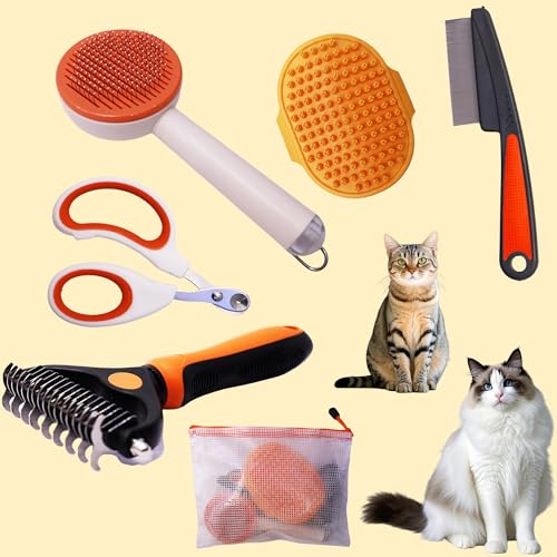 Image of Cat grooming kit,5pcs Deshedding Brush for Cat with Kitten Nail Clipper,Cat Brush,Flea Comb and Bath Brush,Suitable for Short and Long Haired Cats,Indoor Cats and Travel,Orange