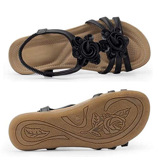 Musshoe Sandals For Women Dressy Summer Sandals Rhinestone Sparkly Sandals For Women Bling Sandals Womens Sandal Flat Shoes Elastic Ankle Strap Casual Summer Beach Sandals Flats,Black 8 #TOP1