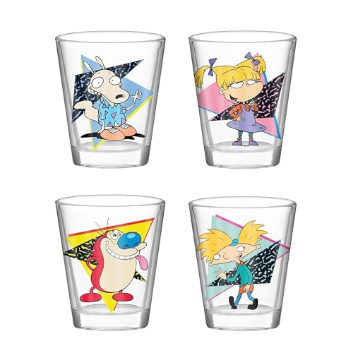 Image of Silver Buffalo Nickelodeon Retro Featuring Rocko, Angelica, Stimpy, and Arnold 4 Pack Mini Glass Set, 1.5 Ounces