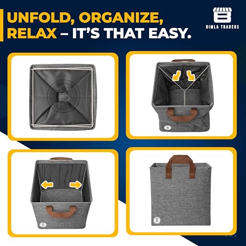 Image of CRAE Pack of 1 Storage Baskets (46L x 27W x 19H CM) Non-Woven Foldable Wardrobe Organizer with Metal Frame Rectangle, Storage Box with Handles for Clothes, Books, Toys, Blankets & Closet Use.