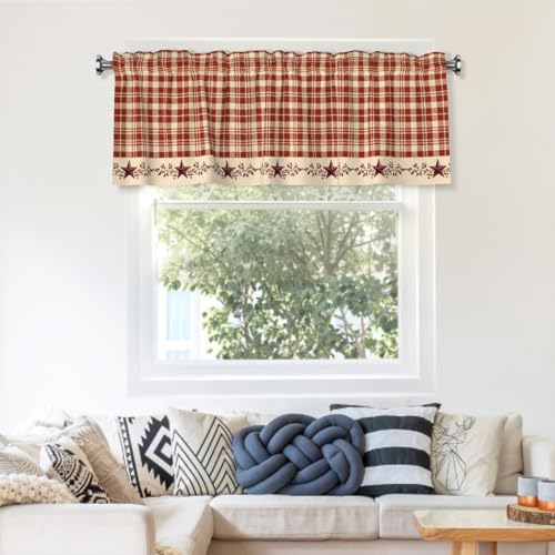 Granbey Farmhouse Kitchen Valances for Windows Red Buffalo Plaid Kitchen Curtain Rustic Stars and Berries Country Primitive Valance Curtain for Boho Living Room with Rod Pocket, 54x18 Inch by Granbey - Used condition - Image 7
