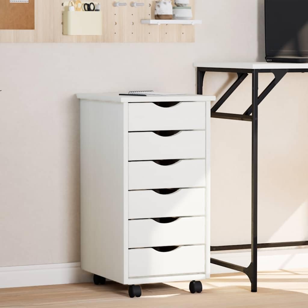 White Rolling Cabinet with 6 Drawers, Solid Pine Wood and Engineered Wood Construction, Mobile Storage Cabinet with 4 Wheels for Home and Office