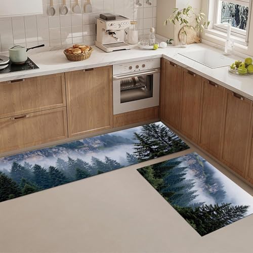 Alfombra de cocina antideslizante de dos piezas con diseño lavable de bosque 5