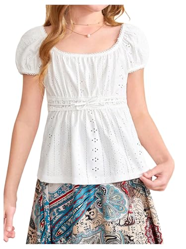 OYOANGLE Girl's Eyelet Embroidery Short Puff Sleeve T Shirt Bow Tie Front Square Neck Tee Tops