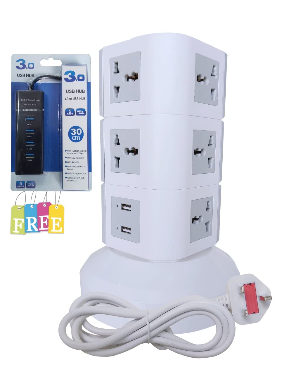 Tower Extension Cord Universal Multi Power Socket 220V With USB Ports 3M Cord and UKPlug Power