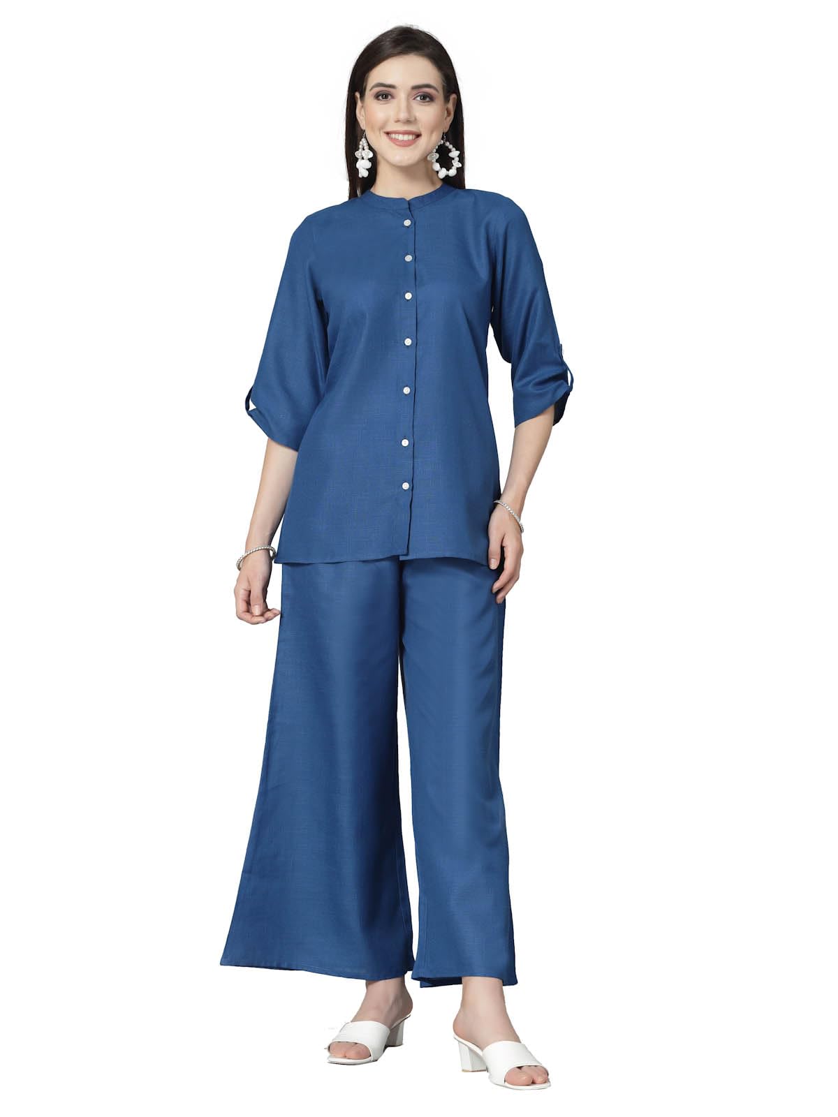 Stylum Women's Solid Cotton Blend Co-Ord Set (Csroyalvirtus36_Blue, S)